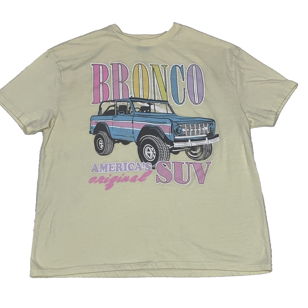 Ford Bronco Graphic Tee Womens Small Yellow Retro SUV Shirt Stain
